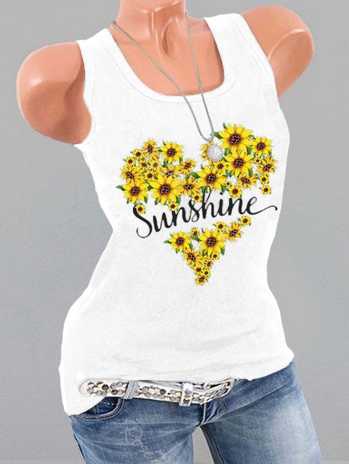 

Plus Size Sunshine Sunflower Print Graphic Tank Top, White