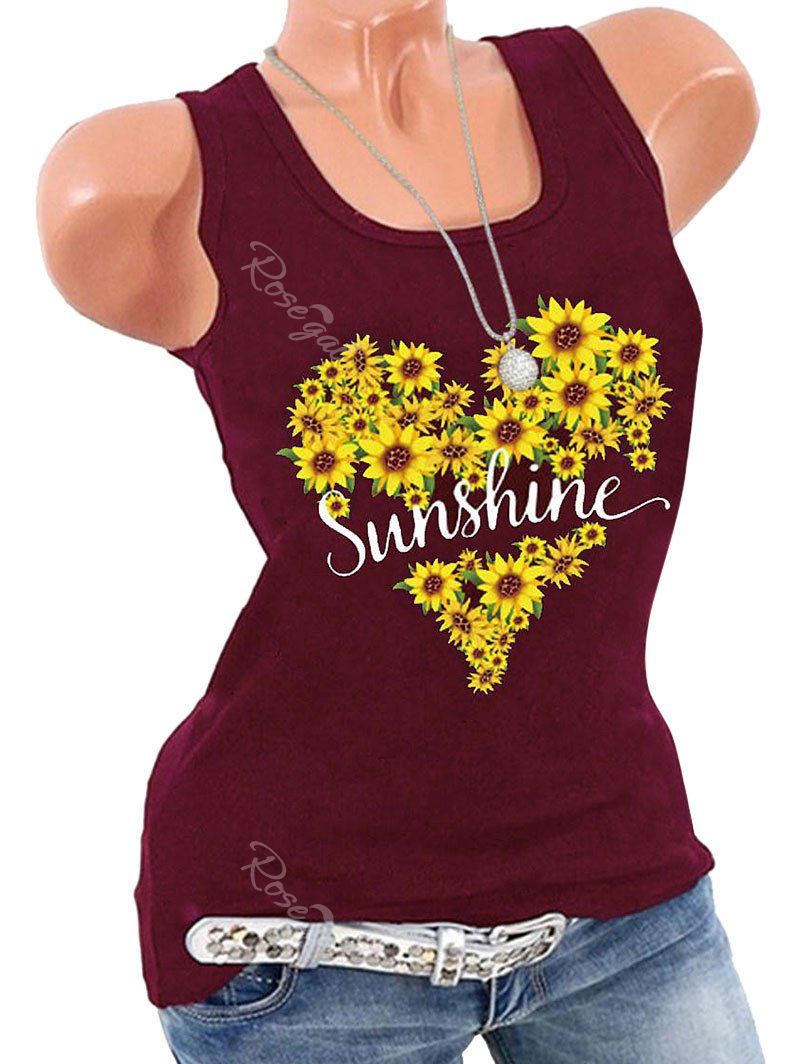 

Plus Size Sunshine Sunflower Print Graphic Tank Top, Deep red