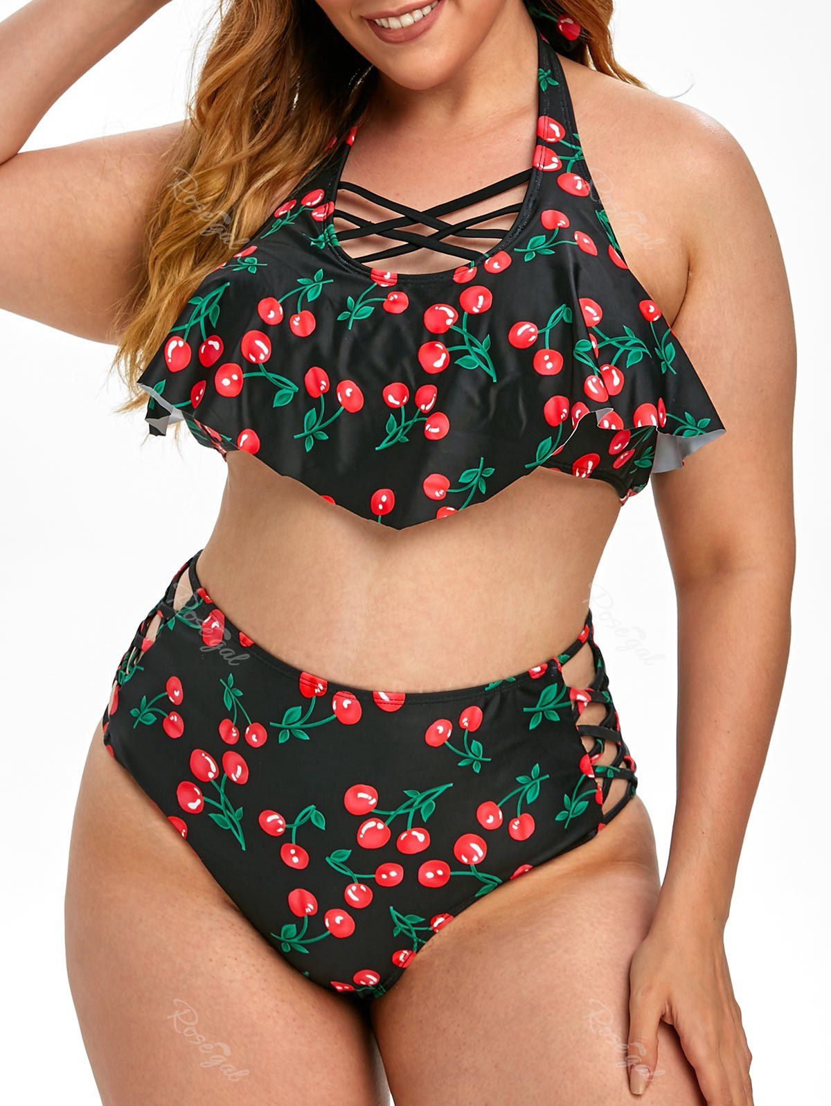 Hot Plus Size Crisscross Cherry Print Tankini Swimwear  