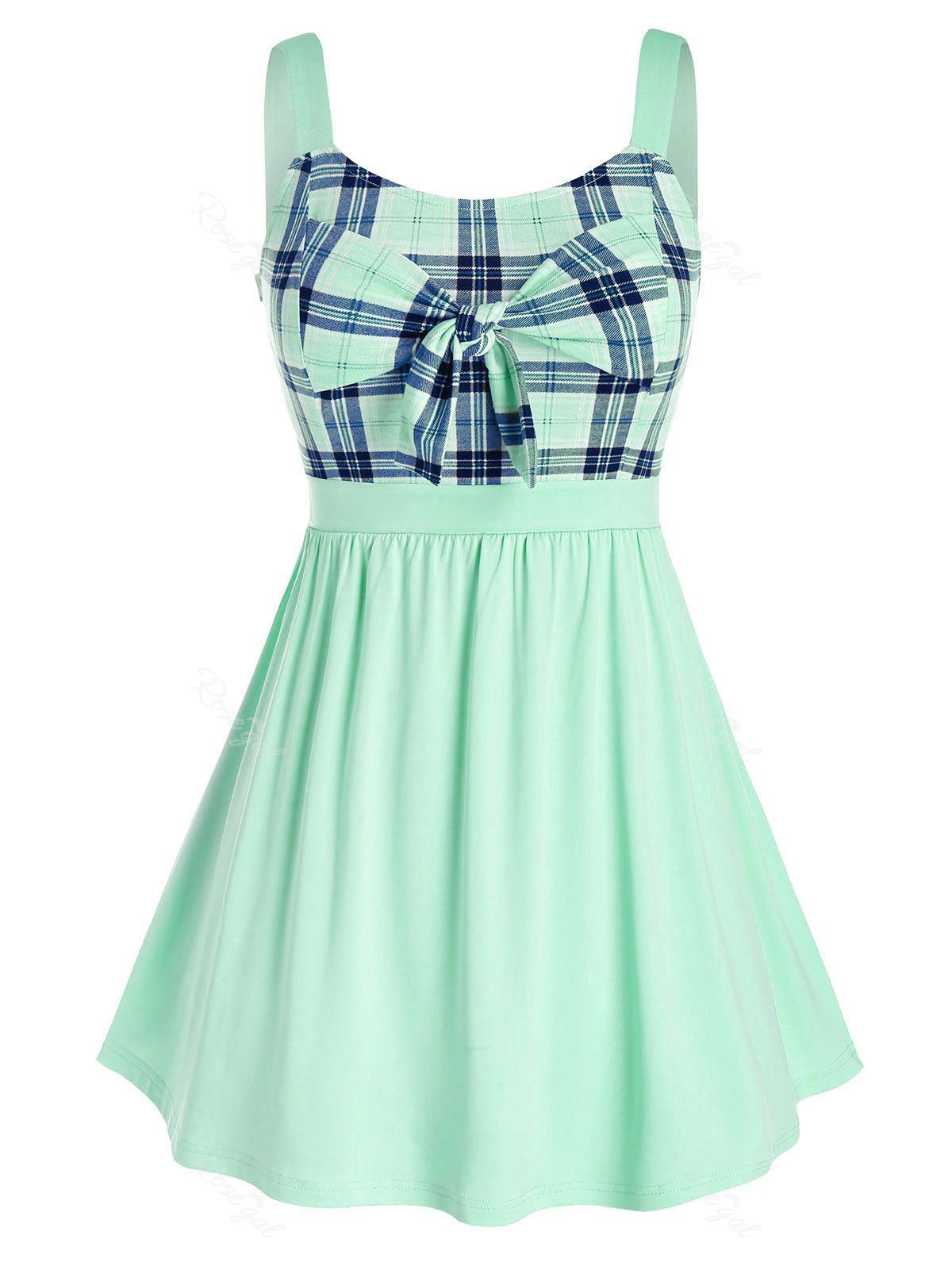 

Plus Size Plaid Bowknot Splicing Tank Top, Light slate