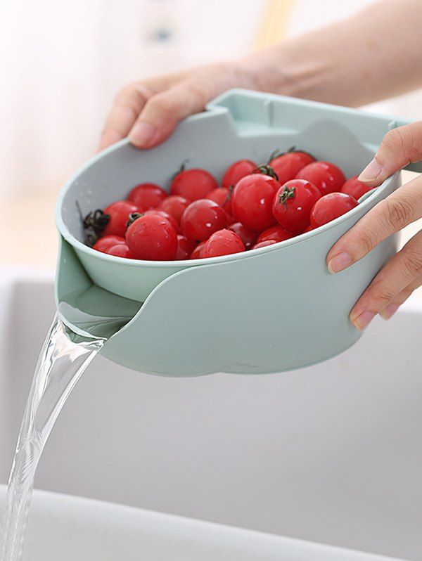 

Double-layered Fruit Vegetable Drain Basket with Phone Holder, Light blue