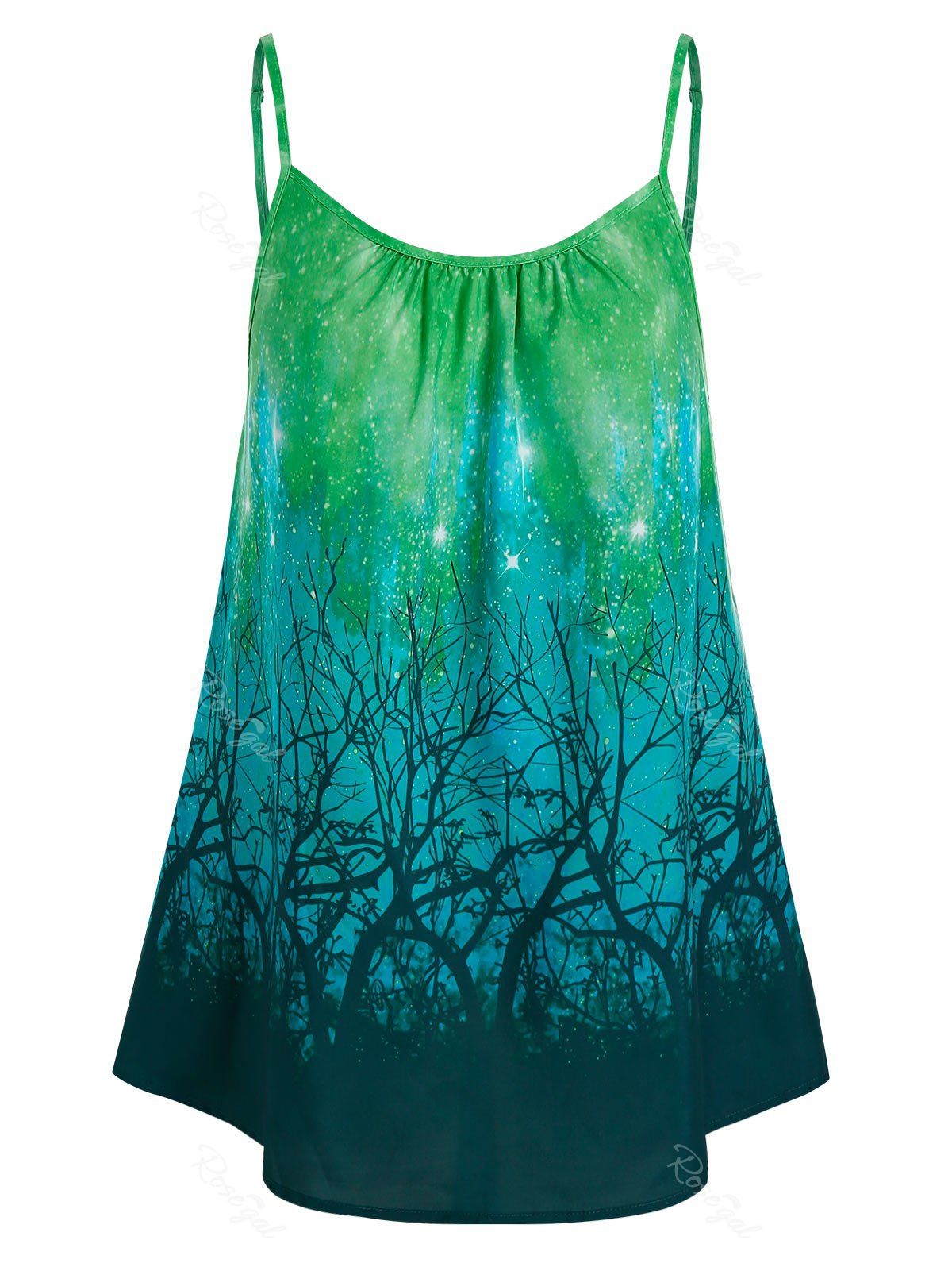 

Plus Size Galaxy Starry Branch Pattern Tunic Cami Top, Light green