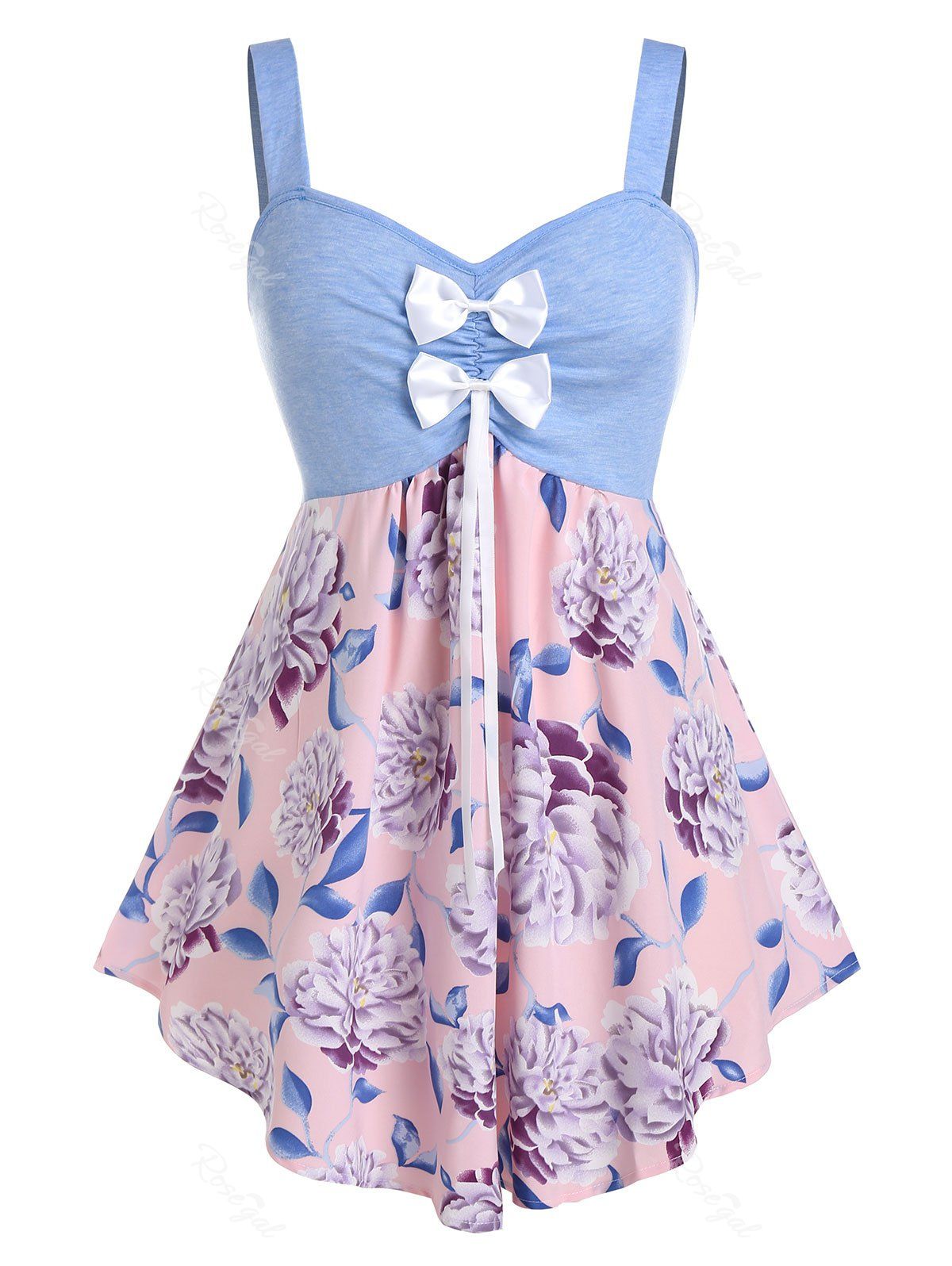 

Plus Size Flower Print Bowknot Backless Curved Tank Top, Crystal blue