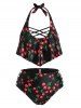 Plus Size Crisscross Cherry Print Tankini Swimwear -  