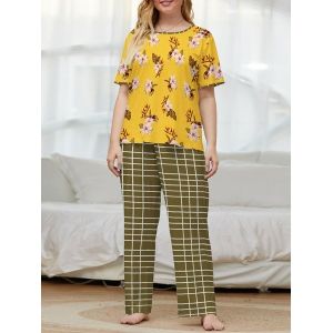 

Plus Size Flower Grid Short Sleeve Pajama Pants Set, Deep yellow