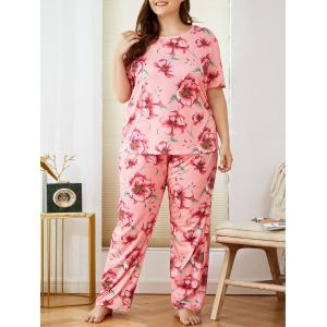 

Plus Size Flower Pattern Short Sleeve PJ Set, Light pink