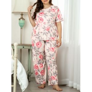 

Plus Size Flower Print Drop Shoulder Pajama Pants Set, Light yellow