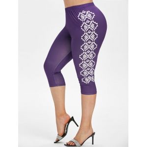 

High Waisted Geometric Print Plus Size Capri Leggings, Purple