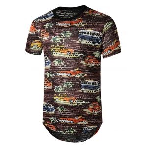 

Car Palm Tree Print Sheer Patch Hole Longline T Shirt, Brown