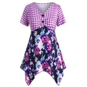 

Mock Buttons Plaid Floral Handkerchief Plus Size Top, Purple