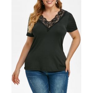 

Plus Size Lace Panel V Neck T Shirt, Black