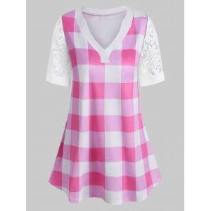 

Plus Size Lace Sleeve Plaid T Shirt, Light pink