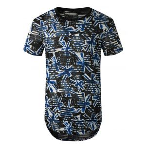 

Printed Sheer Patch Hole Short Sleeve Longline T Shirt, Blue