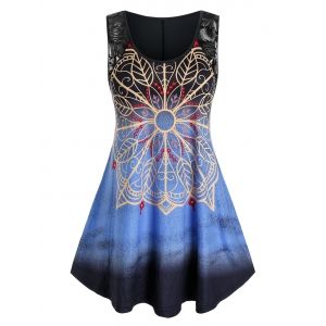 

Plus Size Leaf Print Lace Panel Tank Top, Black