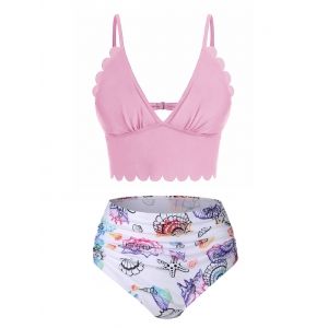 

Shell Starfish Print Scalloped Padded Bikini Set, Light pink
