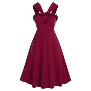 

Plus Size Frilled Backless Ruched A Line Retro Dress, Red wine