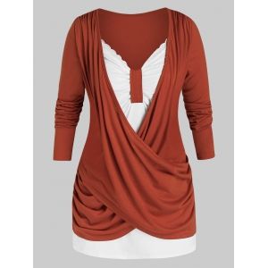 

Plus Size Crossover Two Tone Ruched Draped Tunic Tee, Red