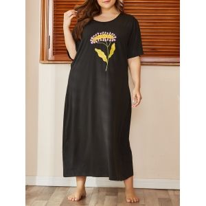 

Plus Size Flower Pattern Tee Midi PJ Dress, Black