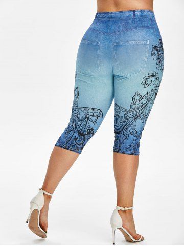 

Plus Size High Waisted 3D Print Capri Jeggings, Light blue