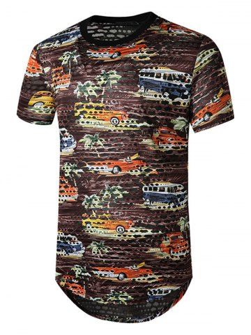 Car Palm Tree Print Sheer Patch Hole Longline T Shirt - BROWN - 2XL