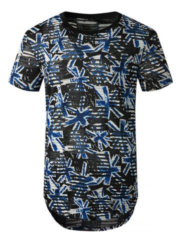 Impreso Sheer Patch agujero de manga corta palangre camiseta - BLUE - S