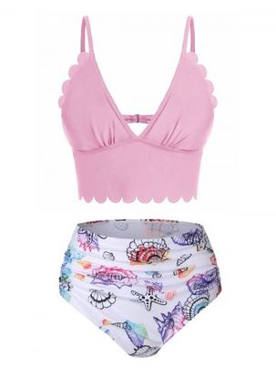 Shell Starfish Print Scalloped Padded Bikini Set