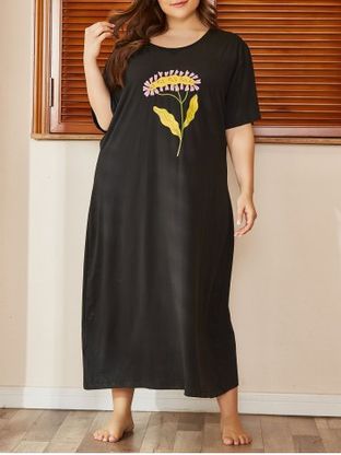 Plus Size Flower Pattern Tee Midi PJ Dress