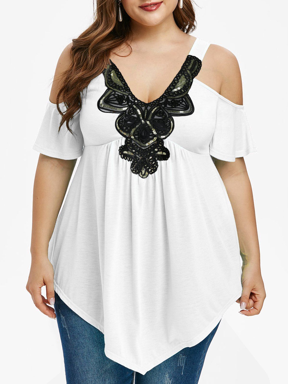 

Plus Size Cold Shoulder Sequin Embellished T Shirt, White