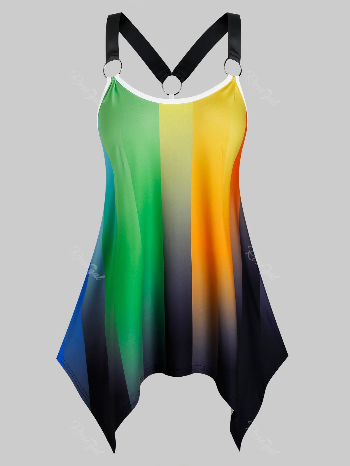 

Plus Size Ombre Striped Hanky Hem Ring Linked Tank Top, Multi