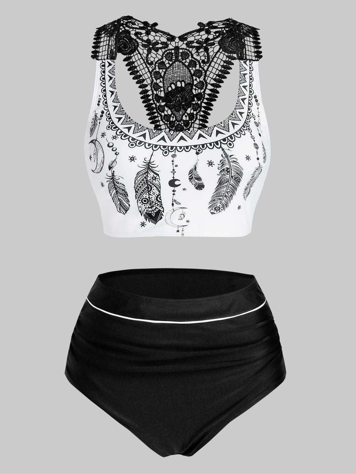 

Feather Moon Print Lace Panel Padded Tankini Swimwear, Black