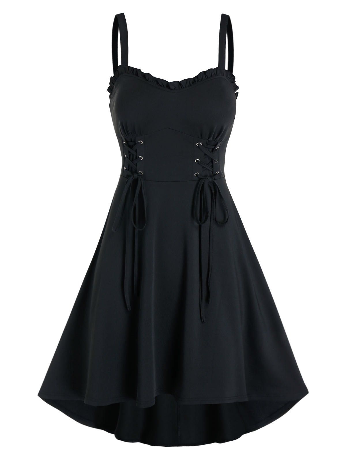 

Lace Up Lettuce Trim Mini Cami Dress, Black