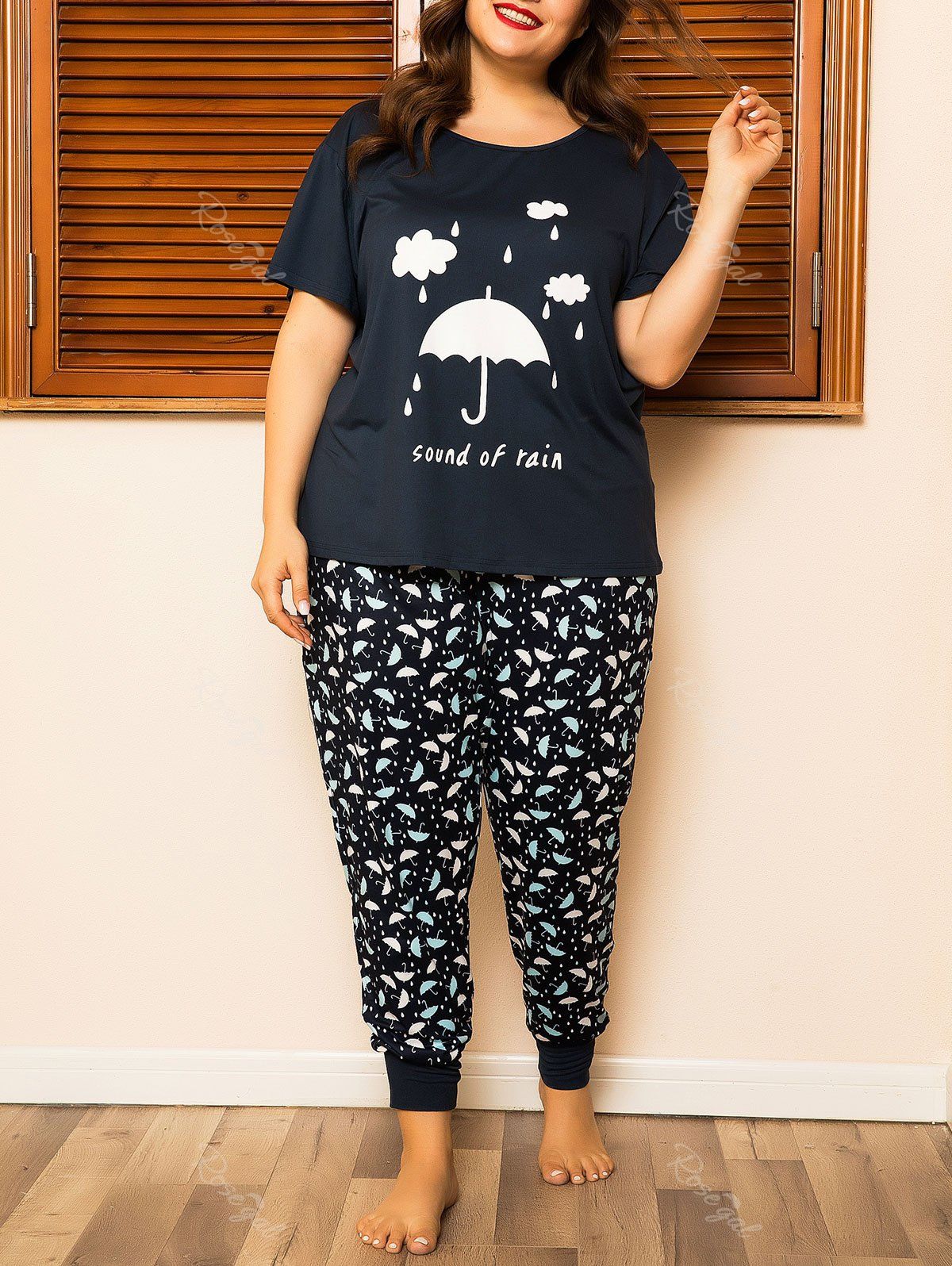 

Plus Size Umbrella Pattern Short Sleeve Pajamas Set, Black