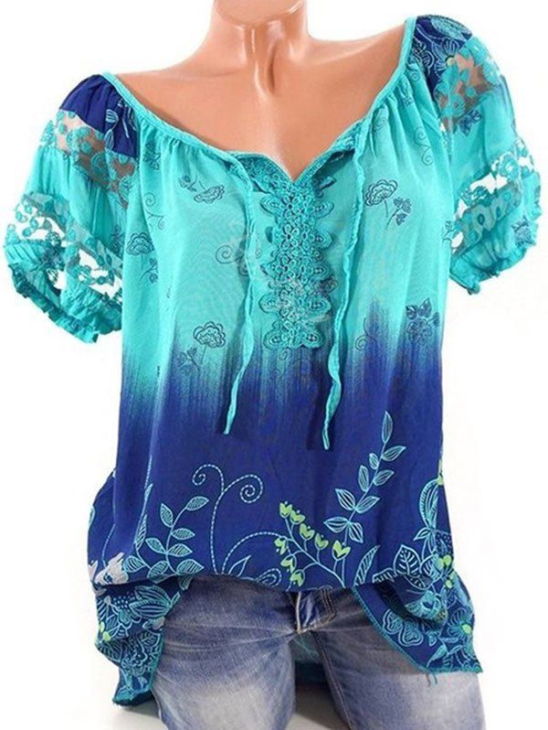 

Plus Size Floral Print Ombre Color Blouse, Light green