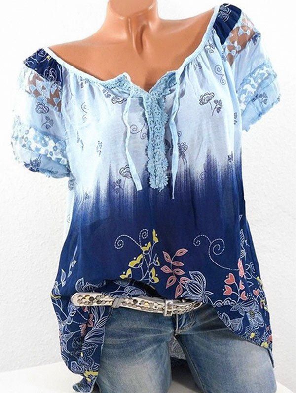 

Plus Size Floral Print Ombre Color Blouse, Light blue