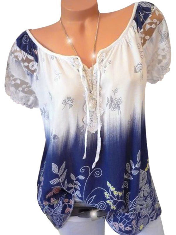 

Plus Size Floral Print Ombre Color Blouse, White