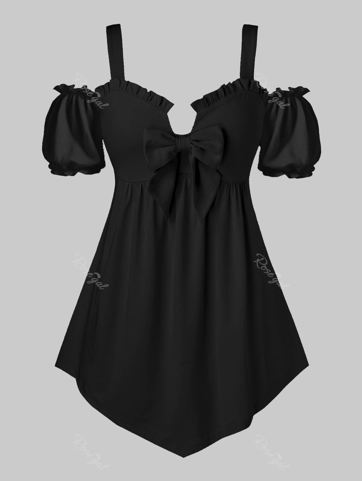

Plus Size Cold Shoulder Bowknot Ruffle T Shirt, Black
