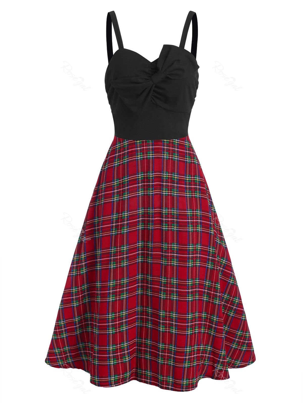 

Bowknot Plaid Ruched Vintage Midi Dress, Black