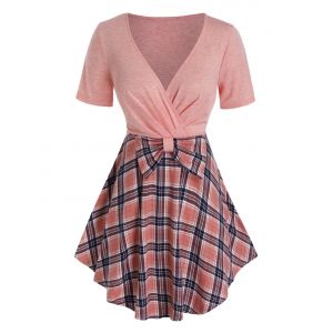 

Plus Size Plaid Surplice Plunge Bowknot Tunic Tee, Rose