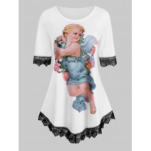 

Plus Size Renaissance Angle Print Contrast Lace Tee, White