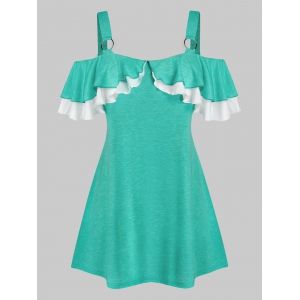 

Plus Size Layered Flounce Cold Shoulder Ring Linked Tee, Light aquamarine