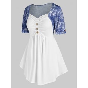 

Plus Size Denim Pattern Cuffed Sleeve Lace Panel Ruched Tee, White