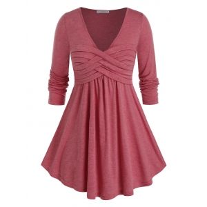 

Plus Size Ruched Curved Long Sleeve Tunic Tee, Red