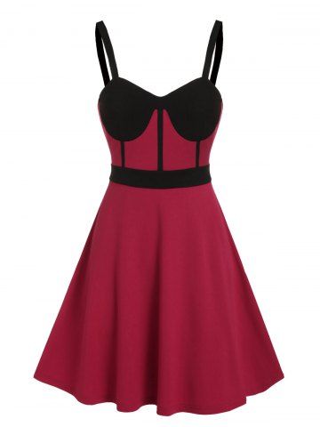 Colorblock Bowknot Fit And Flare Party Dress - RED WINE - M