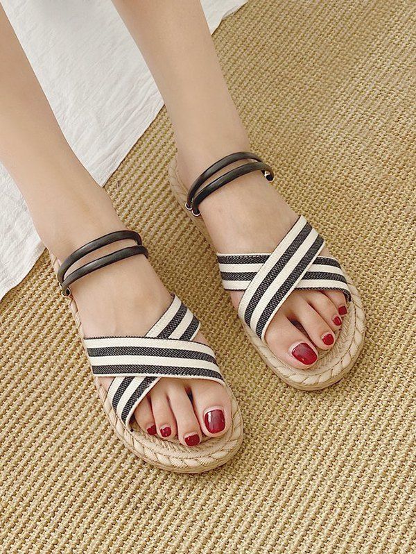 

Striped Flat Cross Strap Slides Sandals, Black