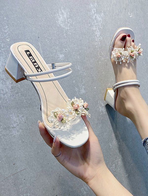 

Flower Chunky Heel Open Toe Slides Sandals, Beige