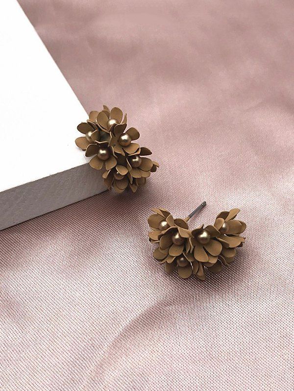 

Floral C-shaped Bead Stud Earrings, Light coffee
