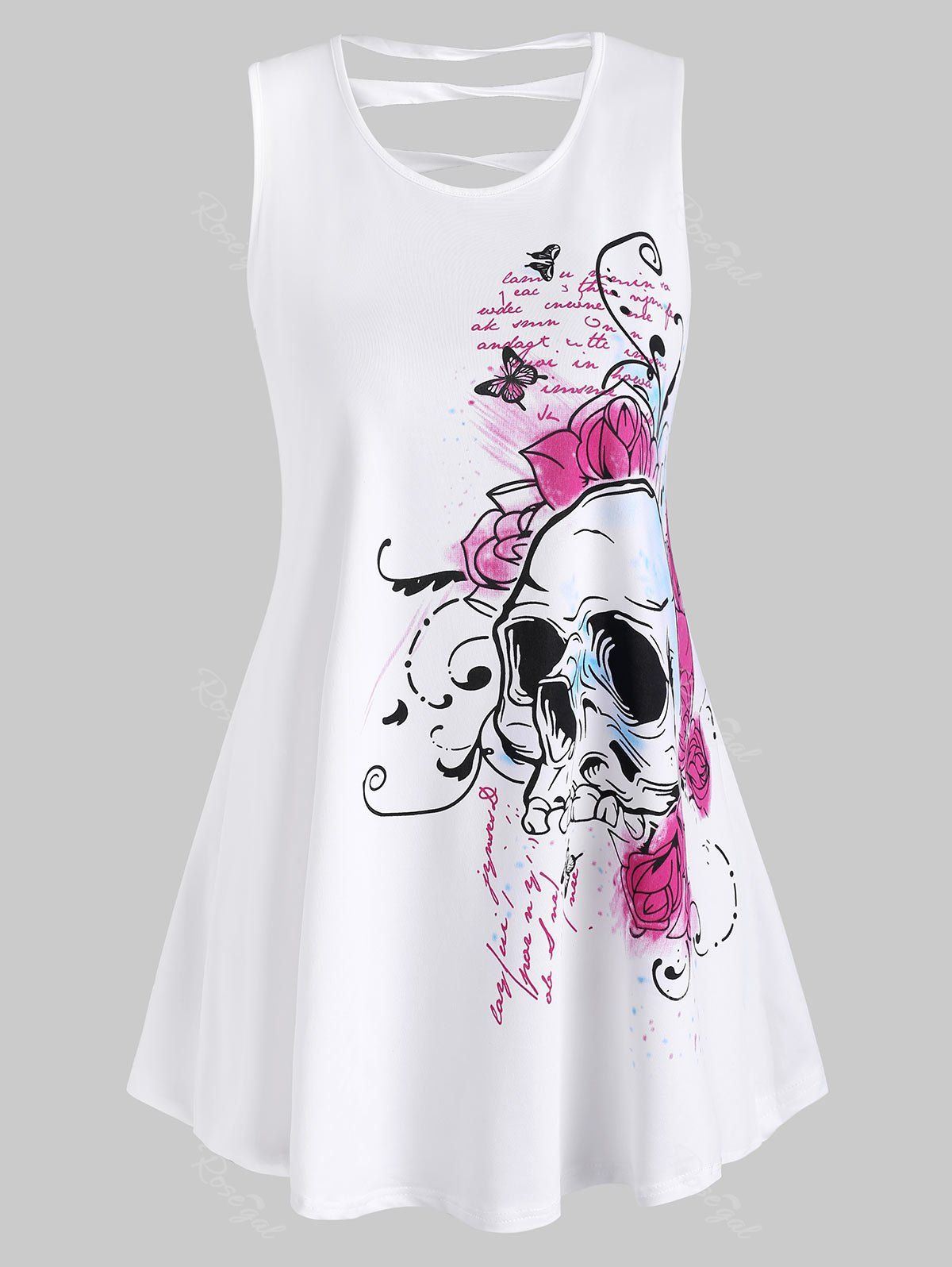 

Plus Size Floral Skull Print Ladder Cutout Tank Top, White