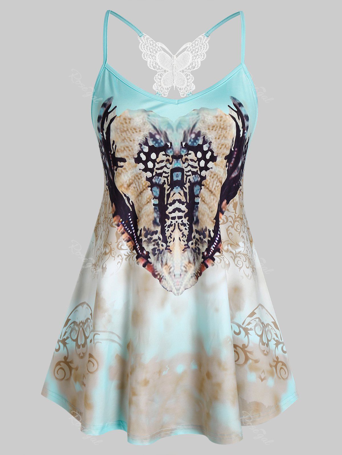 

Plus Size Printed Embroidery Butterfly Tank Top, Light blue