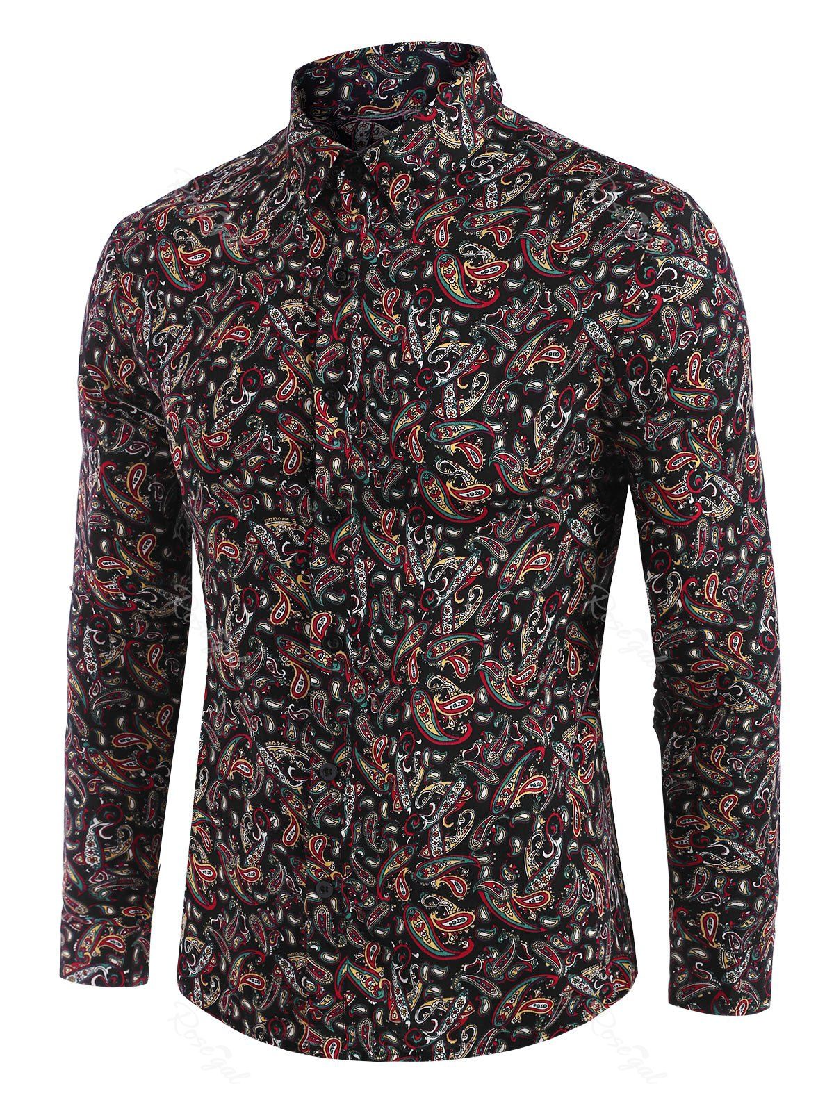 

Paisley Allover Print Button Down Shirt, Black