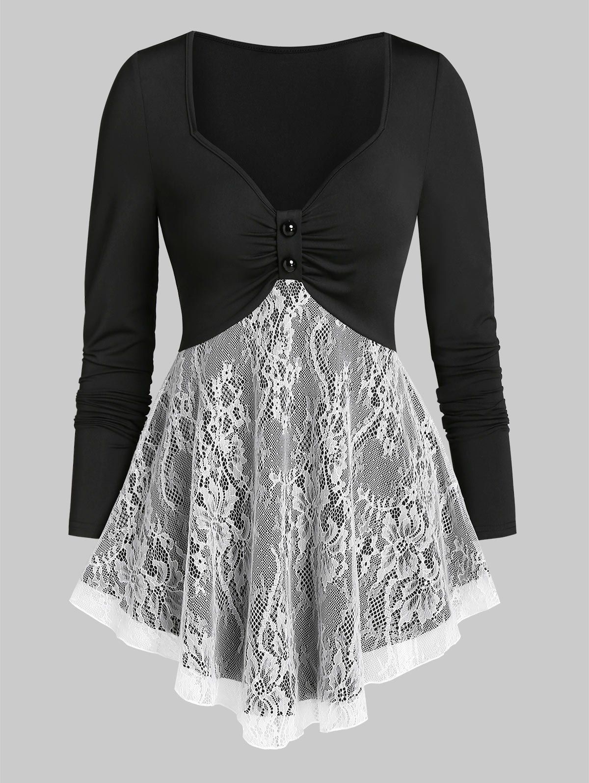 

Sweetheart Neck Lace Panel Skirted T Shirt, Black